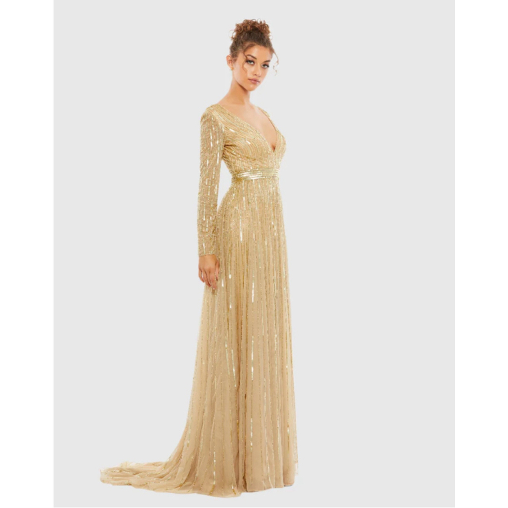 Women's Mac Duggal Gold Beaded Long Sleeve Gown Size 14